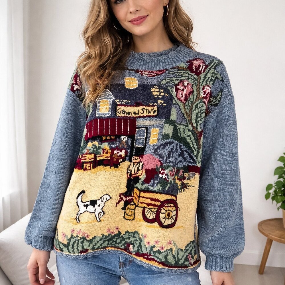Vintage Climax Ramie Cotton Blend "General Store" Motif Sweater L - Picture 2 of 6